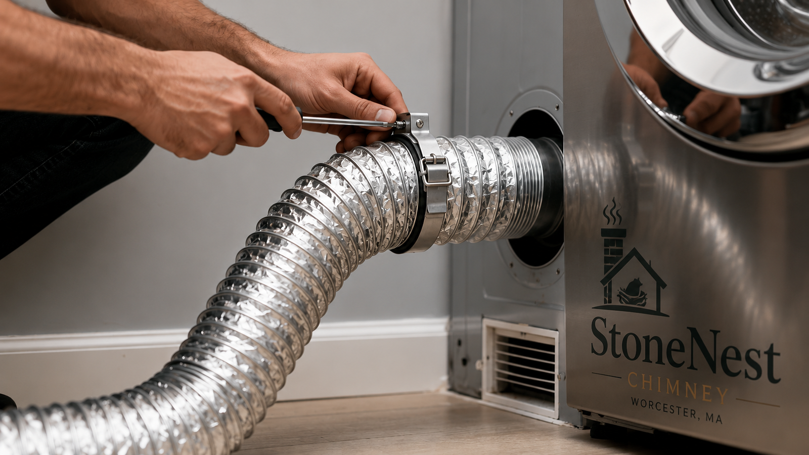 StoneNest Chimney technician installing rigid metal dryer vent duct in a Massachusetts home